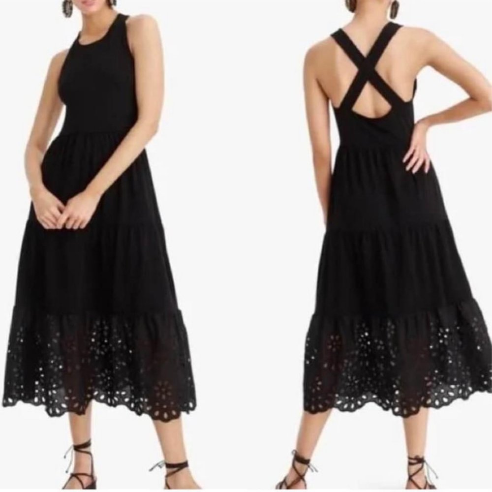 J. Crew Black Cross Eyelet Back Midi Dress Size XS